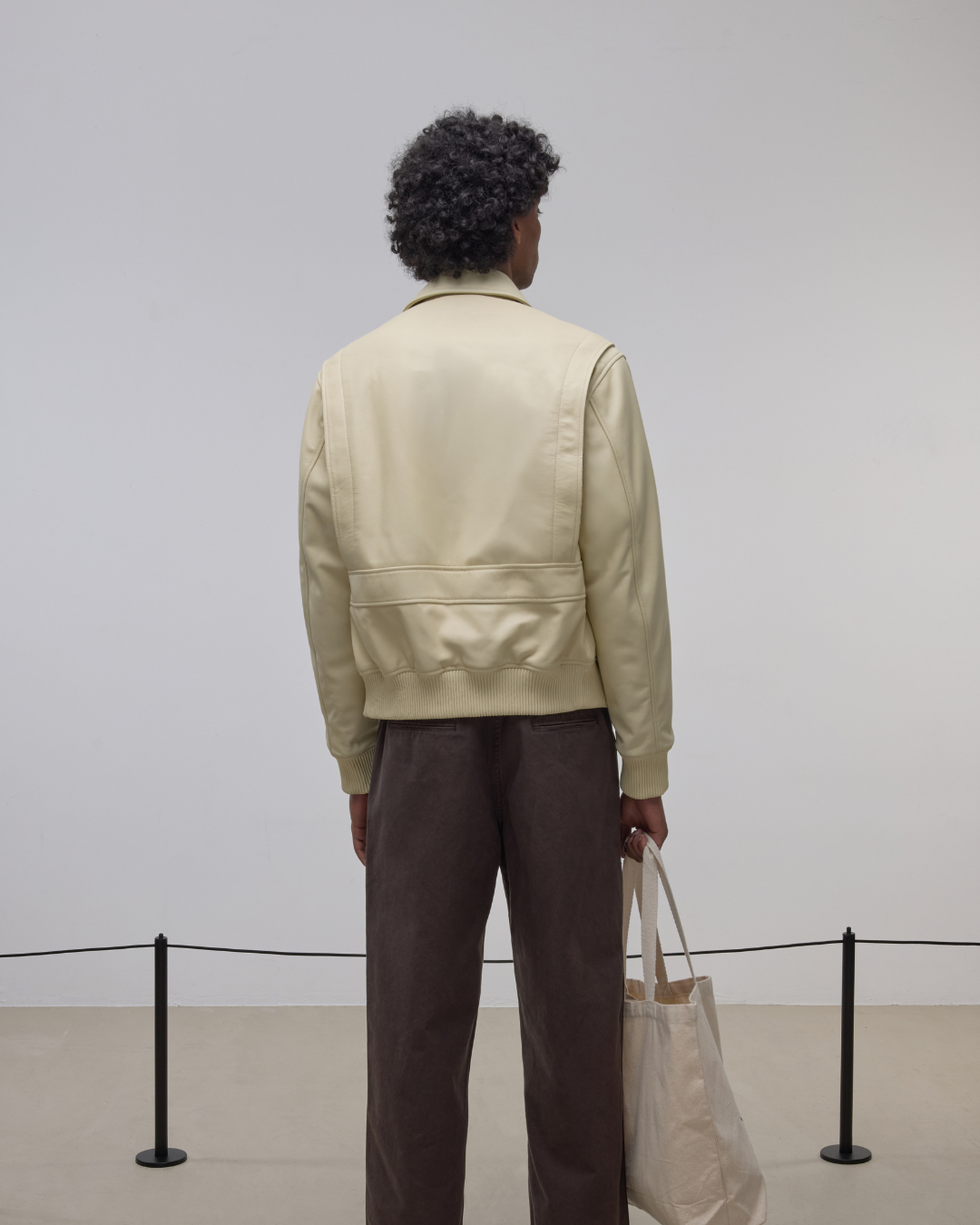 Museum Garments x Colbo Flight Jacket in butter yellow lamb nappa leather, on model, back view
