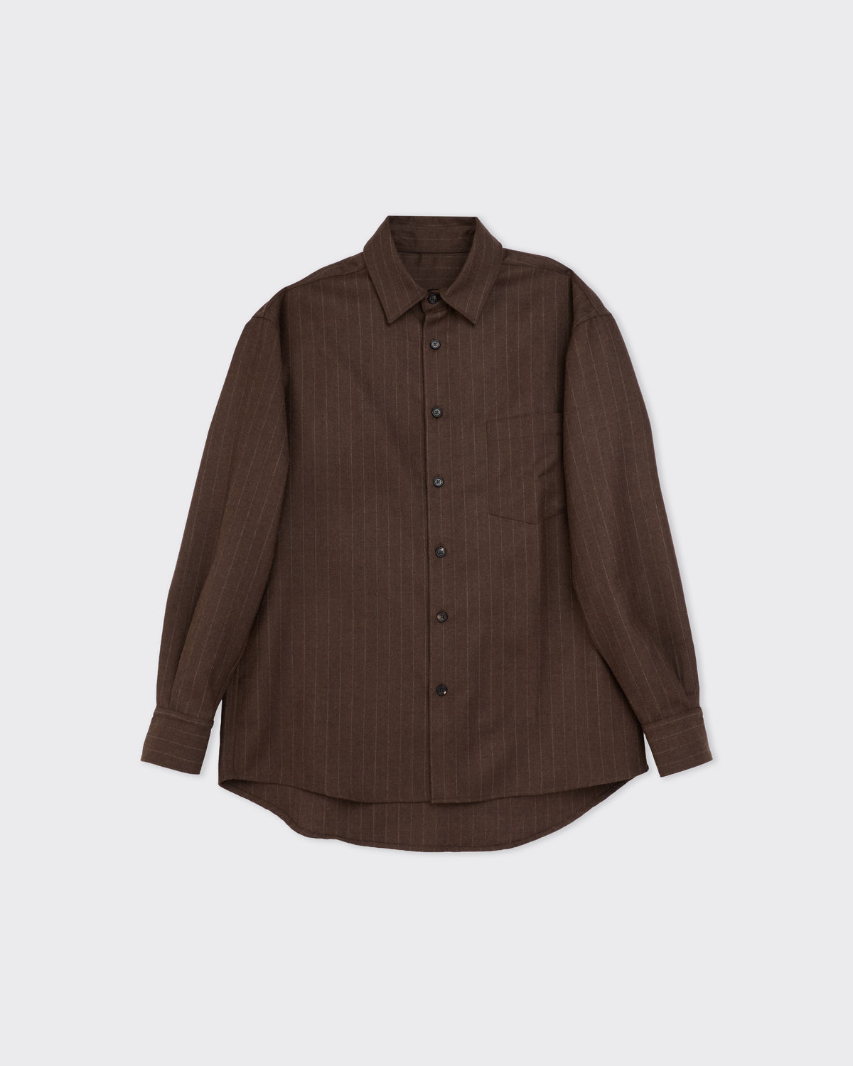 Colbo Banaras Shirt in brown pinstripe Japanese wool, front, flat lay