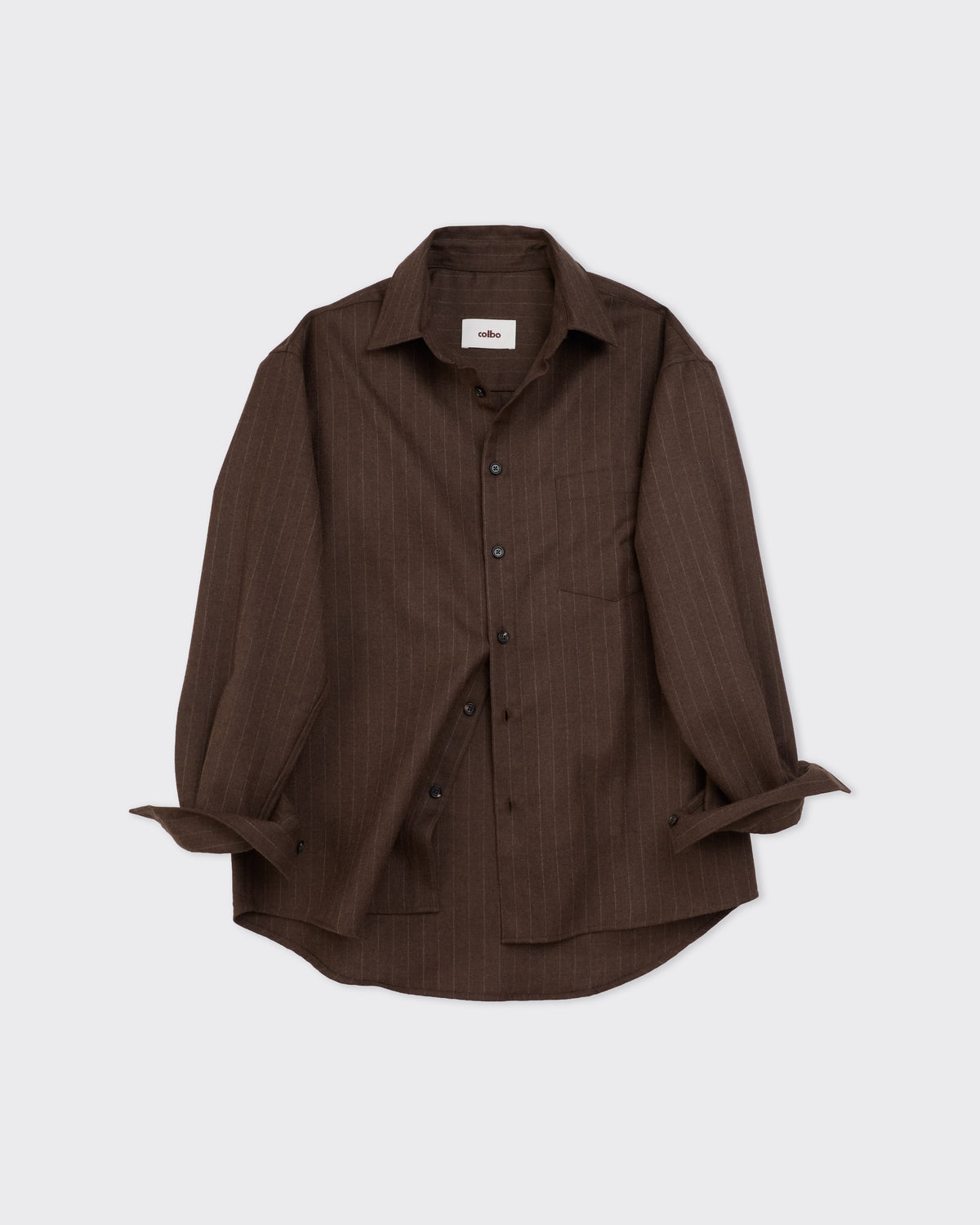 Colbo Banaras Shirt in brown pinstripe Japanese wool, front, sleeves rolled, flat lay