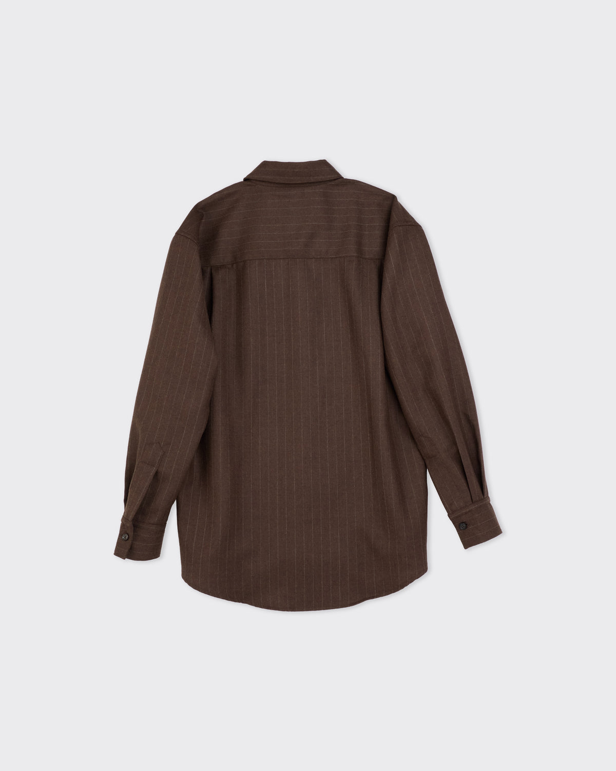 Colbo Banaras Shirt in brown pinstripe Japanese wool, back, flat lay