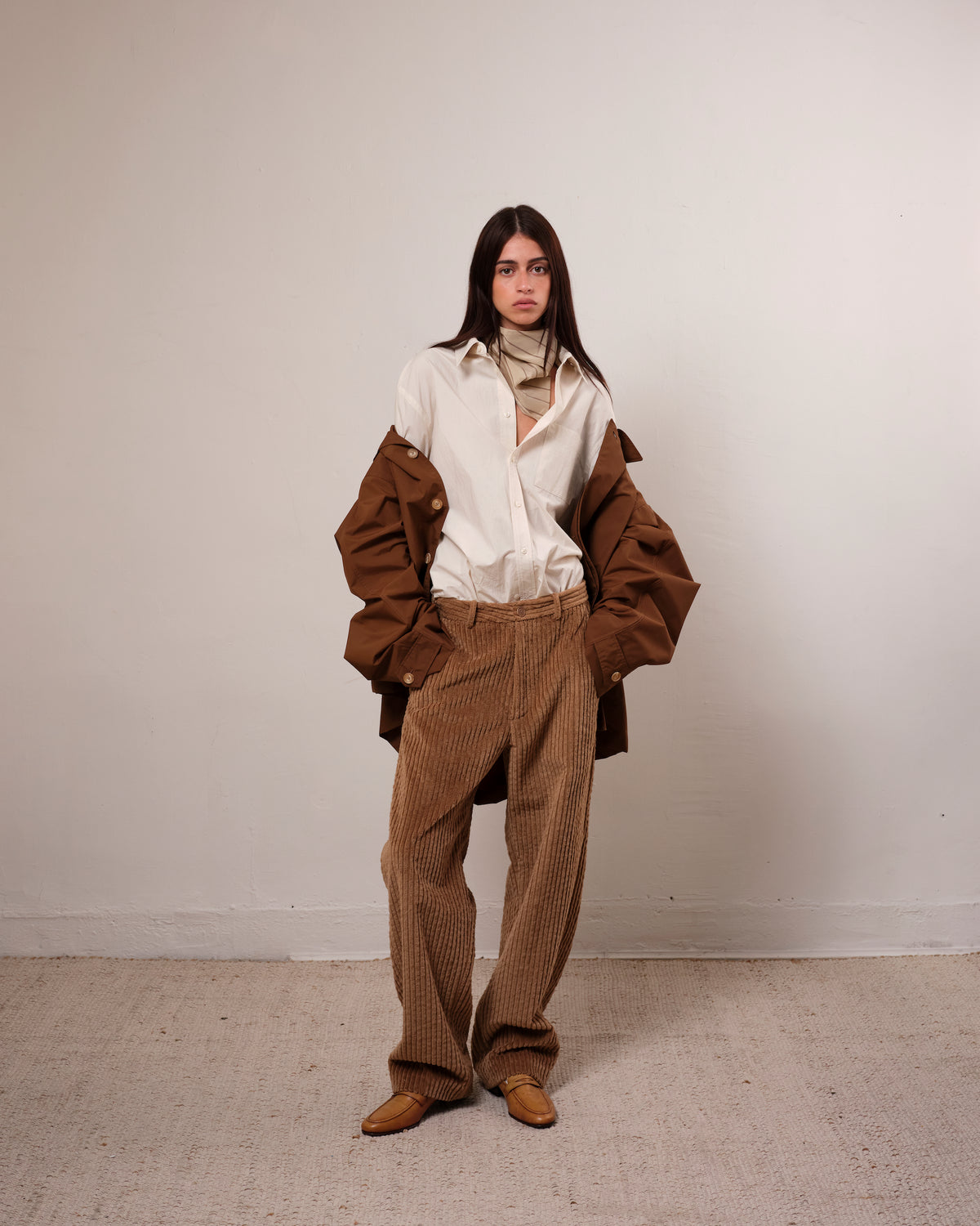 Colbo Wide Cord Chinos in dark tan wide-wale corduroy, on model, full look