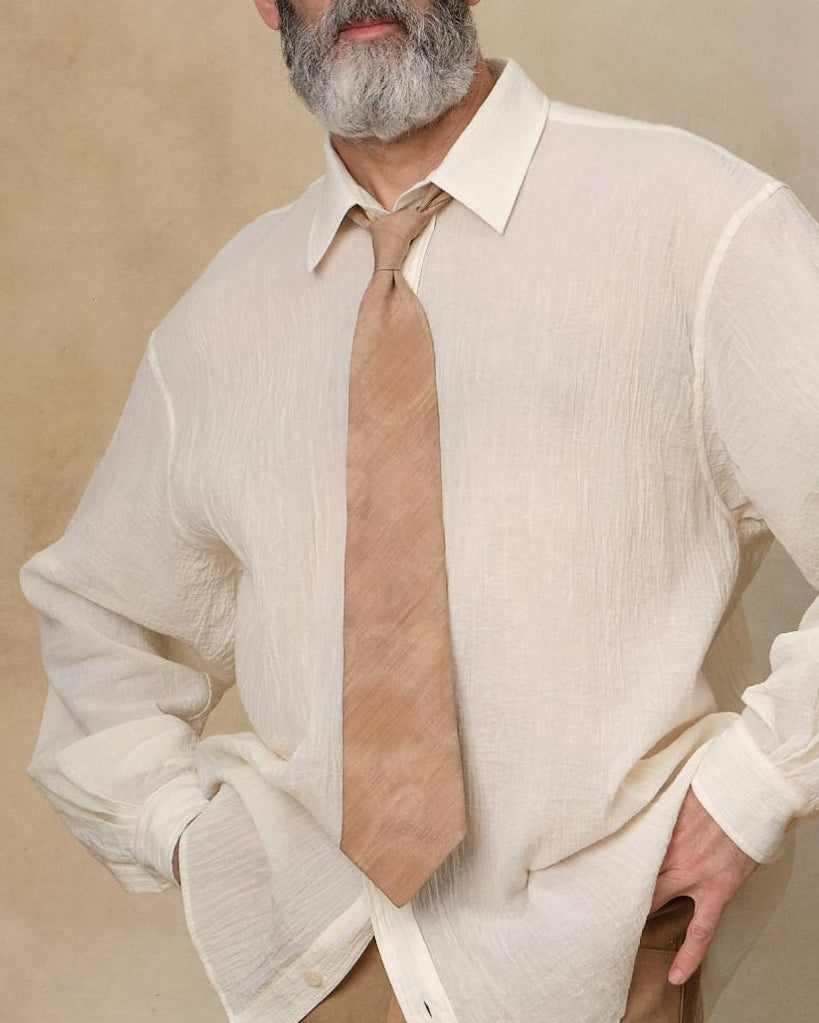 Colbo Office Shirt in light sand cotton, on model, worn with a tie