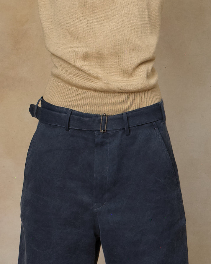 Colbo Belt Pants in travel blue cotton-linen, self-fabric belt and waistband detail