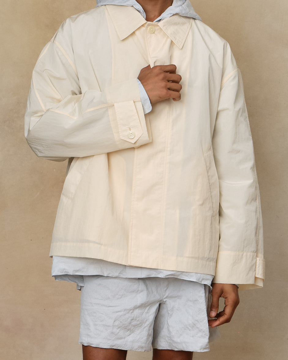Colbo Storm Jacket in sheer pearl, on model, front