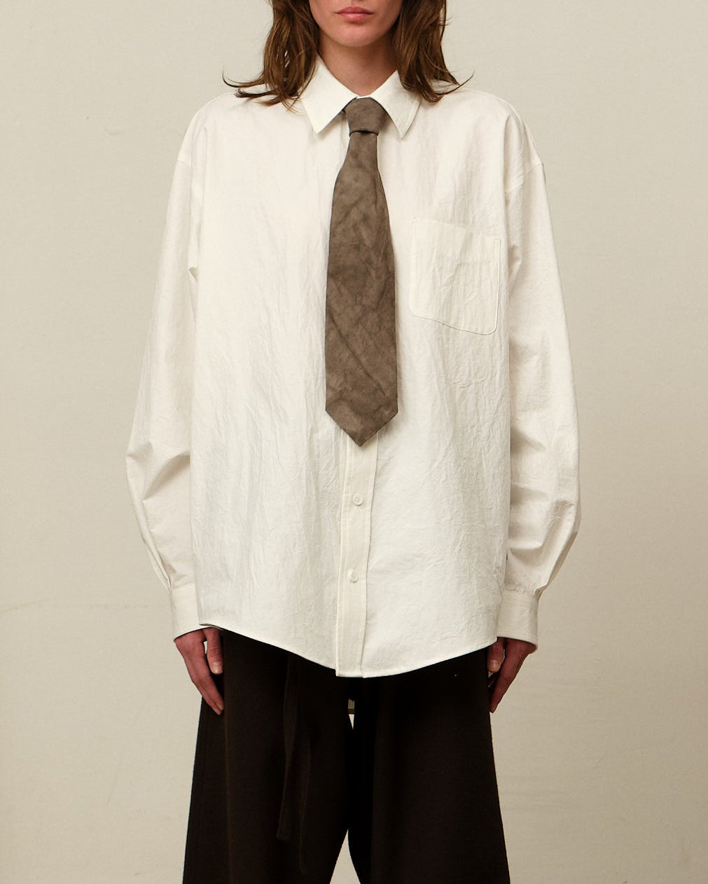 Colbo Office Shirt in white Japanese cotton, on model, worn with a tie