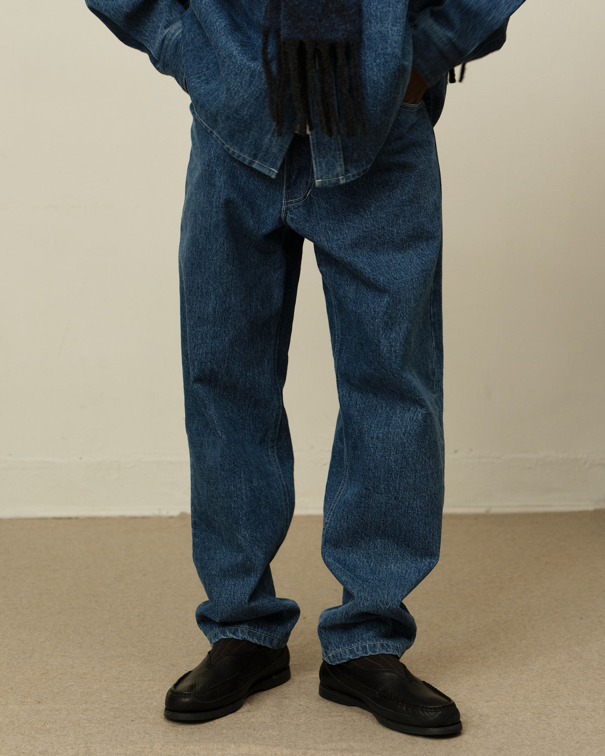 Colbo Jeans in stone blue Italian denim, on model, front