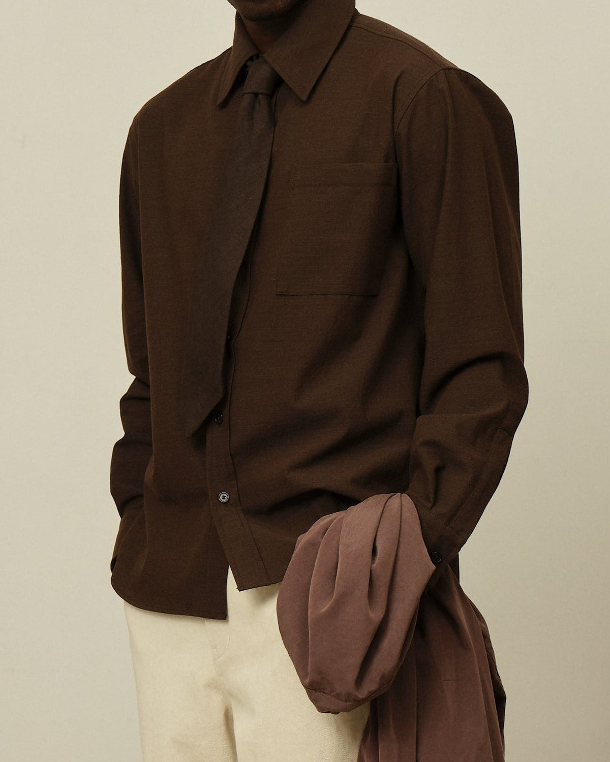 Colbo Metrics Shirt in brown wool-cotton, on model, worn with a matching tie