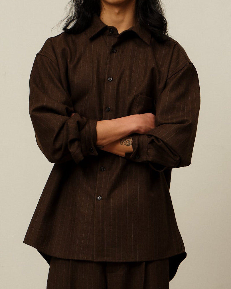 Colbo Banaras Shirt in brown pinstripe Japanese wool, on model, front