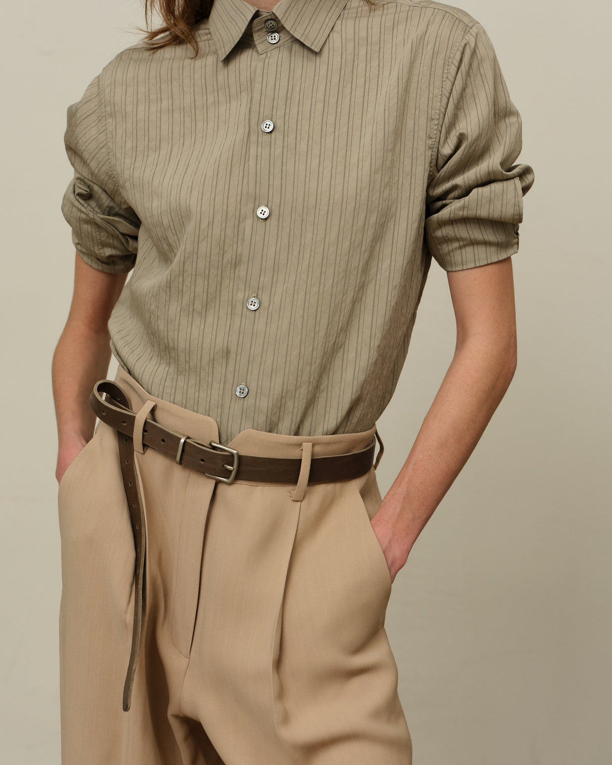 Colbo Bat Shirt in herbal stripe crinkled modal, on model, worn with tan trousers