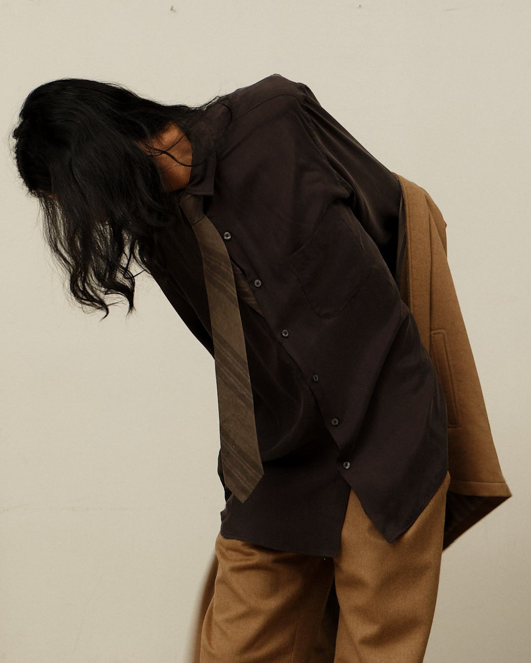 Colbo Pen Shirt in ocean washed cupro, on model, styled with tie and brown  jacket 