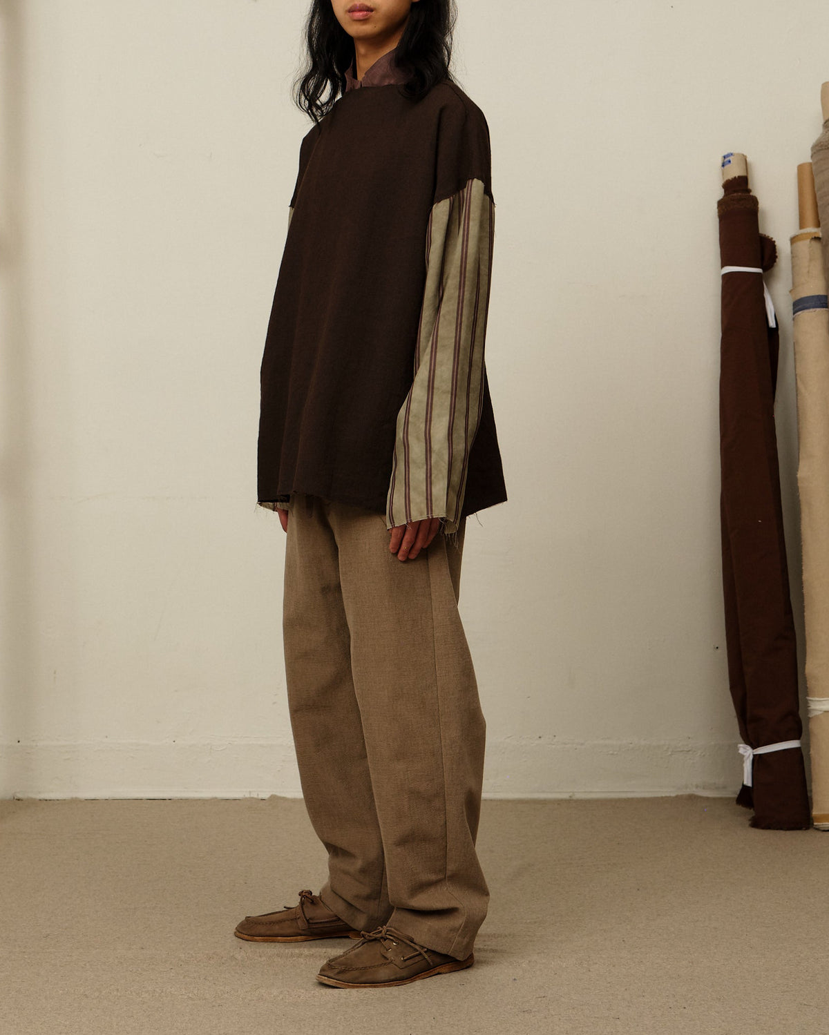 The Colbo Angel Top in Brown with Chinos in Brushed Brown Canvas, full length