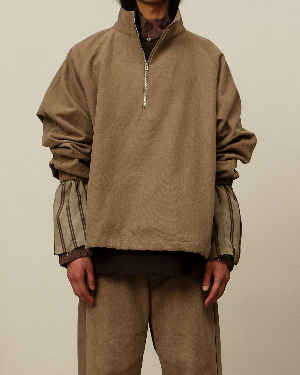 Colbo Half Zip in brushed brown cotton canvas, on model, front