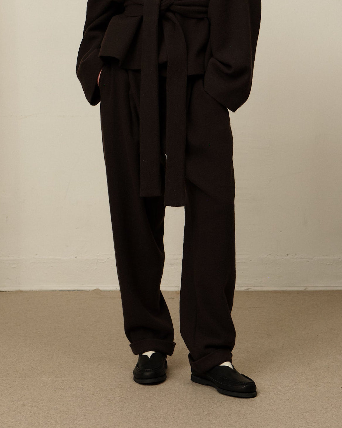 Colbo Camp Pants in dark plum wool, cashmere and linen, on model, front