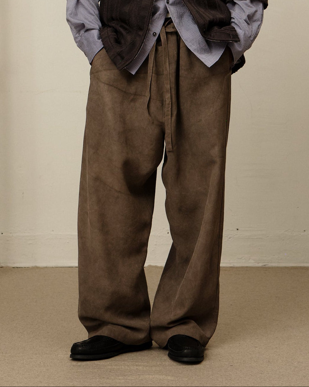 Colbo Farm Pants in cold-dyed greige Italian viscose, on model, front