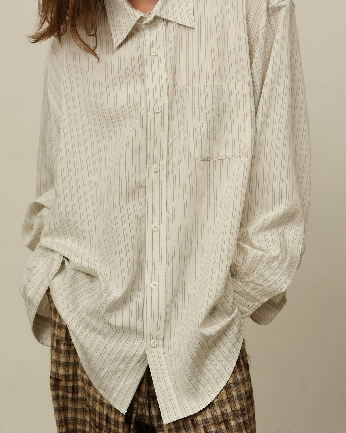 Colbo Office Shirt in triple line stripe Italian modal, on model, worn open with plaid trousers