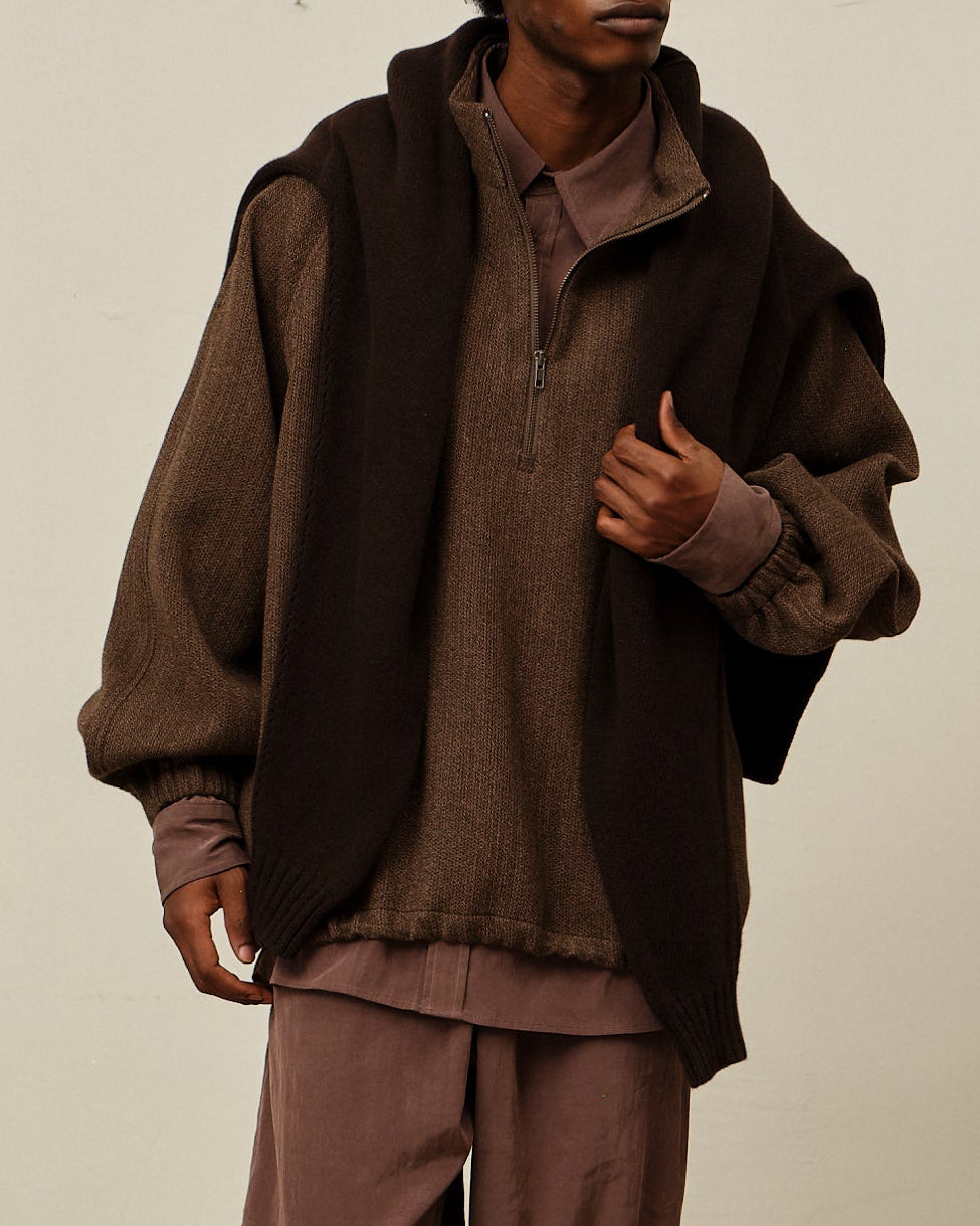 Colbo Half Zip in double brown wool, silk and cashmere, on model, front
