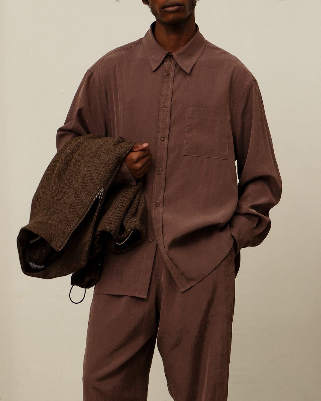 Colbo TK Shirt in mauve washed lyocell, on model, worn with matching pants