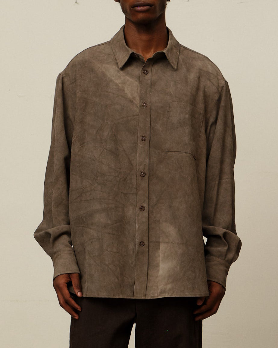 Colbo TK Shirt in cold-dyed greige Italian viscose, on model, front