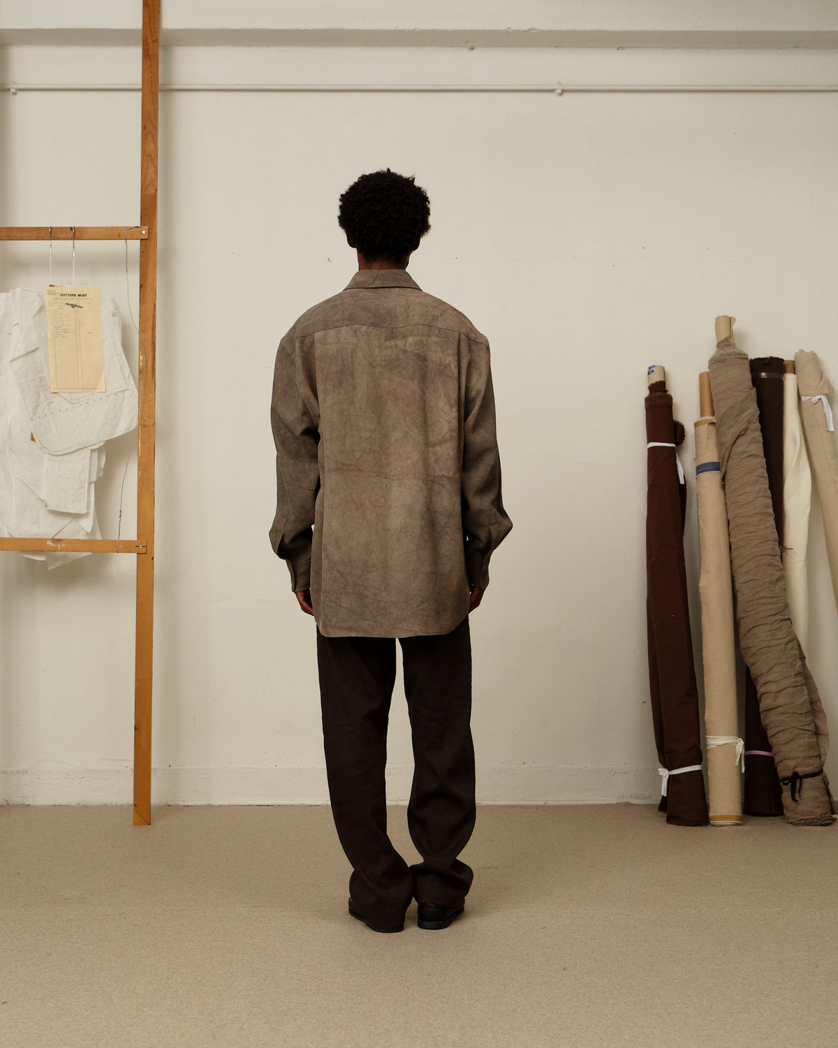 Colbo TK Shirt in cold-dyed greige Italian viscose, on model, back view in the Colbo studio