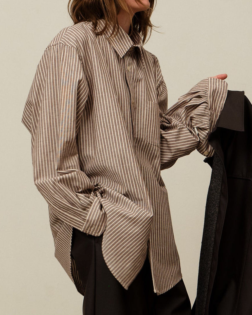 Colbo Office Shirt in brown pinstripe Japanese cotton, on model, front