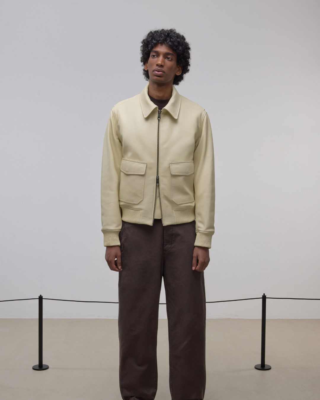 Museum Garments x Colbo Flight Jacket in butter yellow lamb nappa leather, on model, front