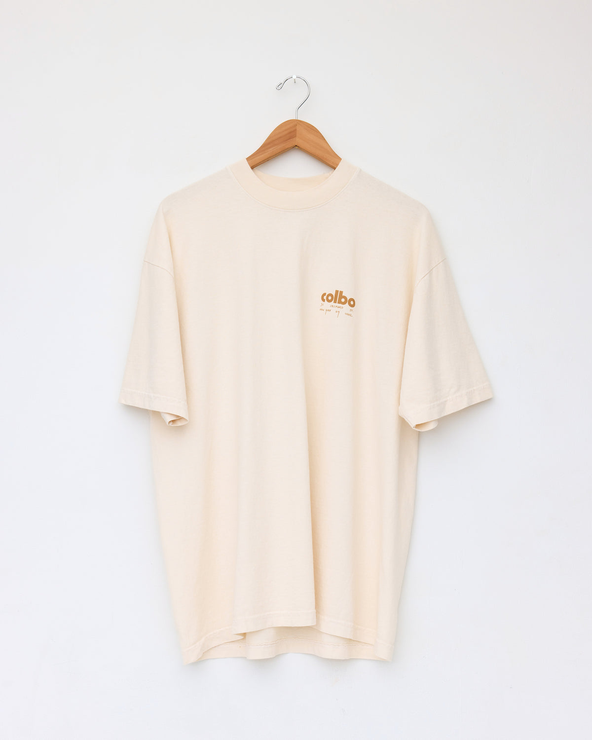 Colbo Handwritten Logo T-shirt in sepia cotton, front, on a hanger