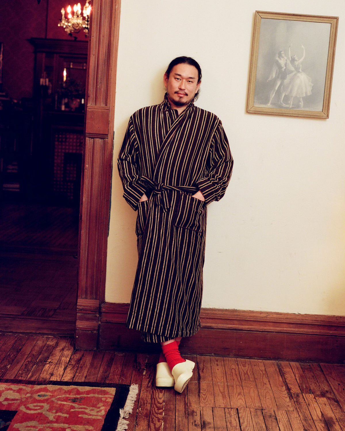 Colbo x OAS Tal Robe in striped cotton terry velour, on model, editorial