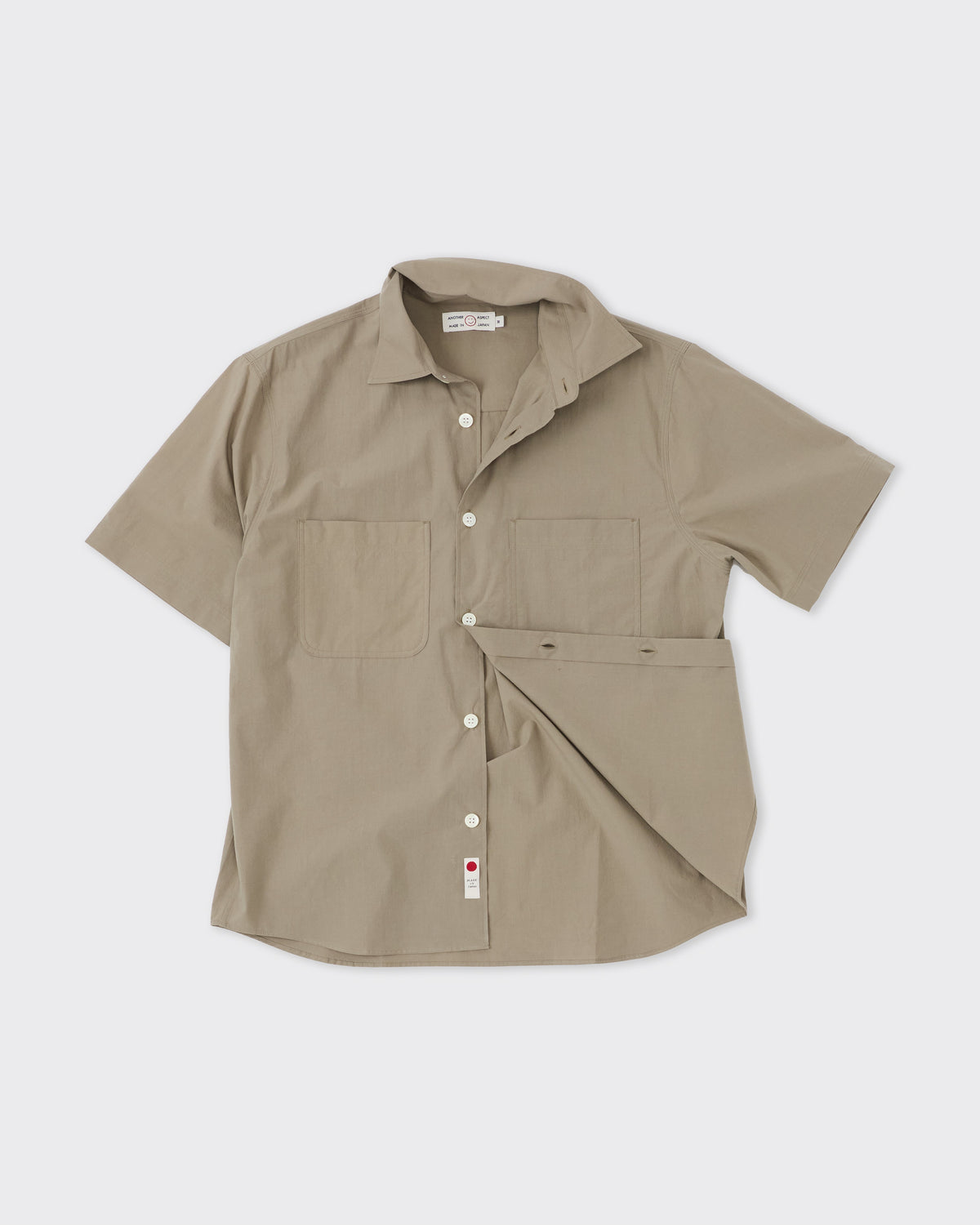 Another Aspect Shirt 4.1 JPN in pale gray Japanese cotton, front partly unbuttoned, flat lay