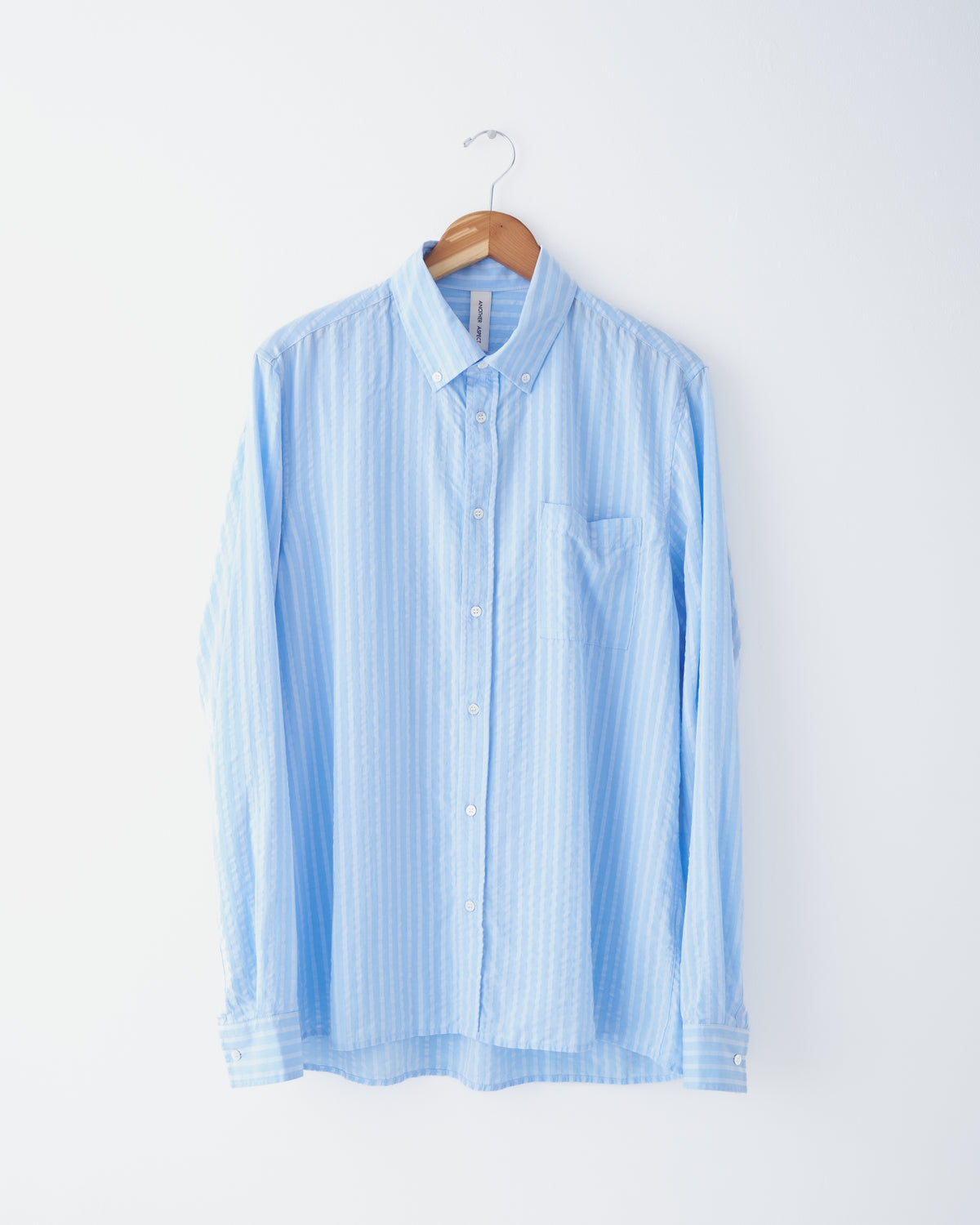 Another Aspect Shirt 1.0 in sky blue stripe Tencel, front, on hanger
