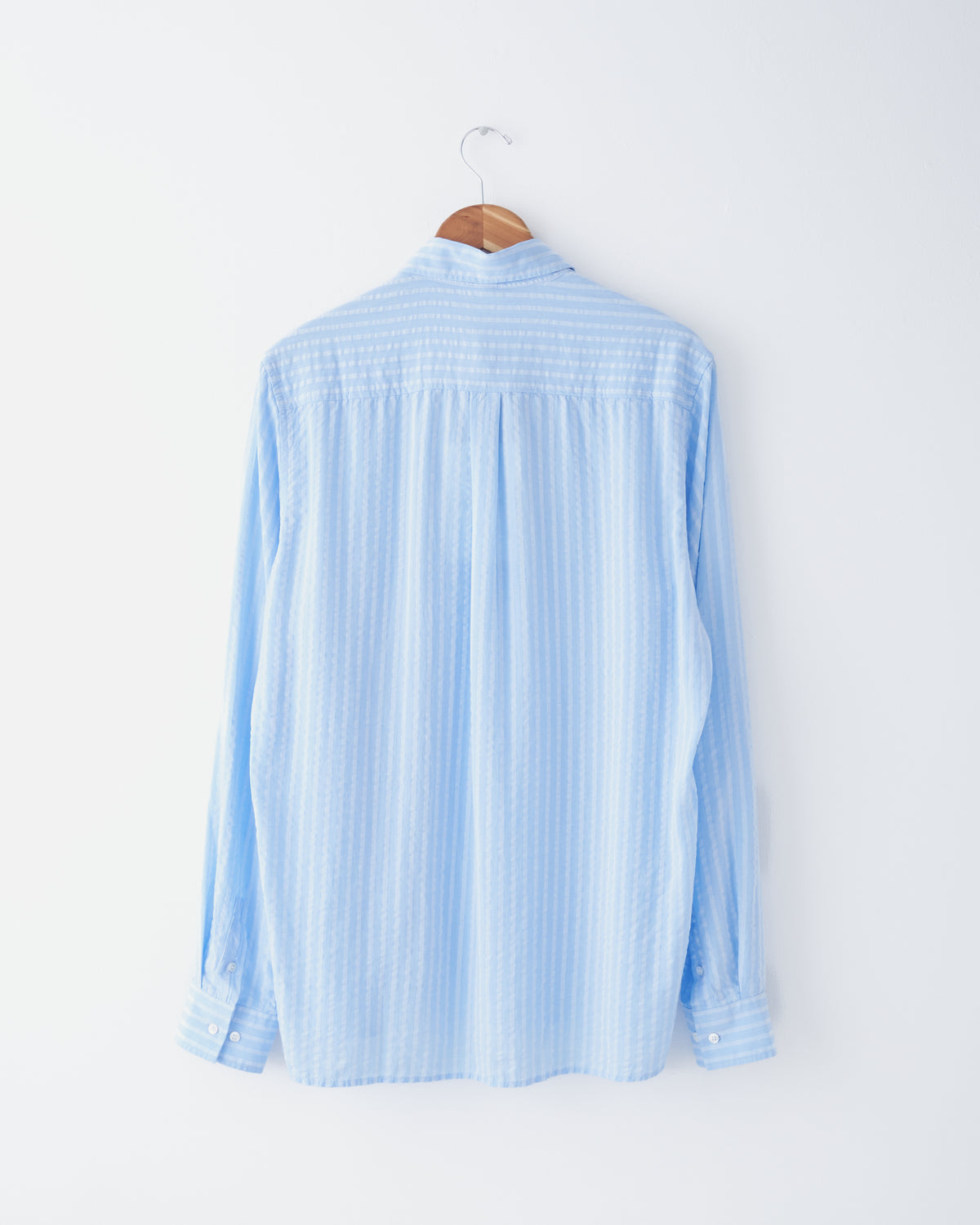 Another Aspect Shirt 1.0 in sky blue stripe Tencel, back, on hanger