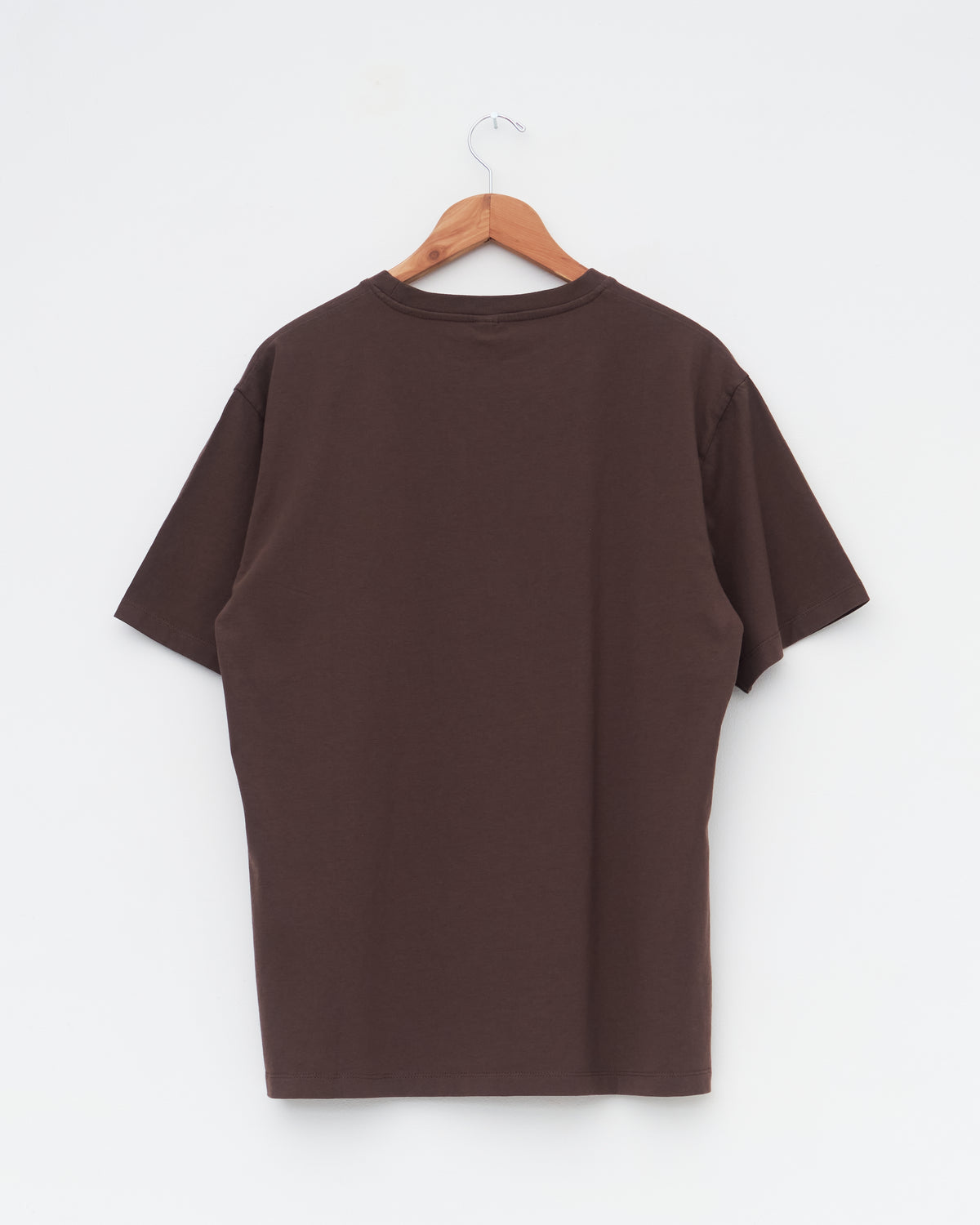 Another Aspect T-Shirt 1.0 in brown organic cotton, back, on hanger