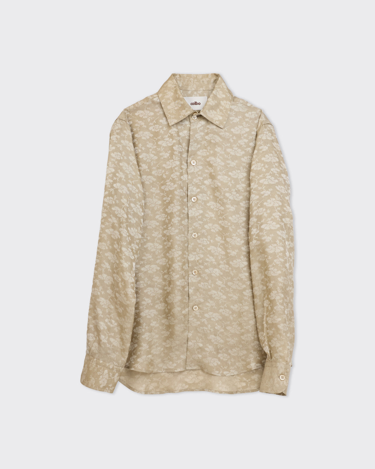 Colbo Bat Shirt in gold and sage floral viscose, front, flat lay
