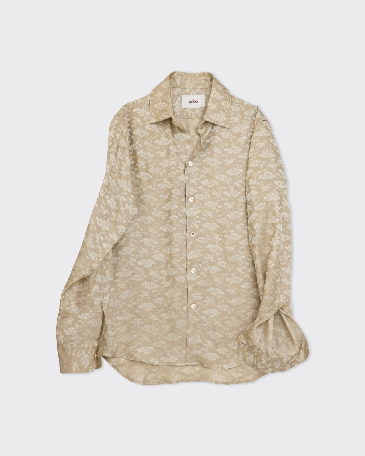Colbo Bat Shirt in gold and sage floral viscose, front, sleeves rolled, flat lay