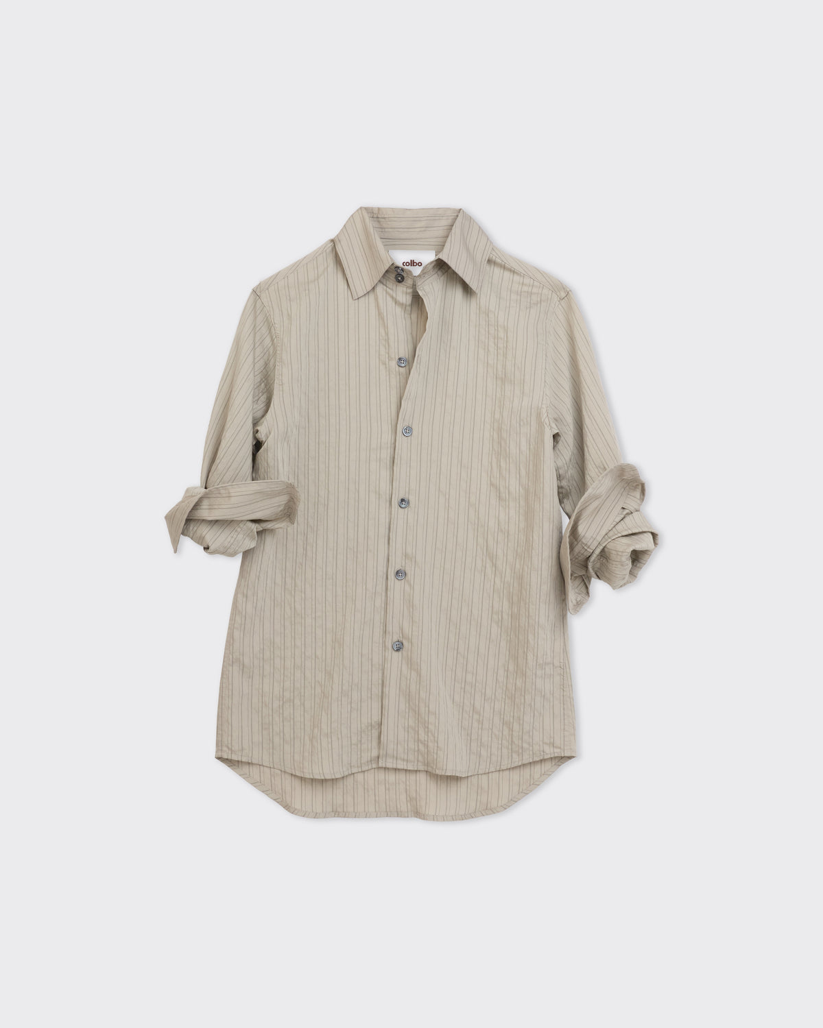 Colbo Bat Shirt in herbal stripe crinkled modal, front, sleeves rolled, flat lay