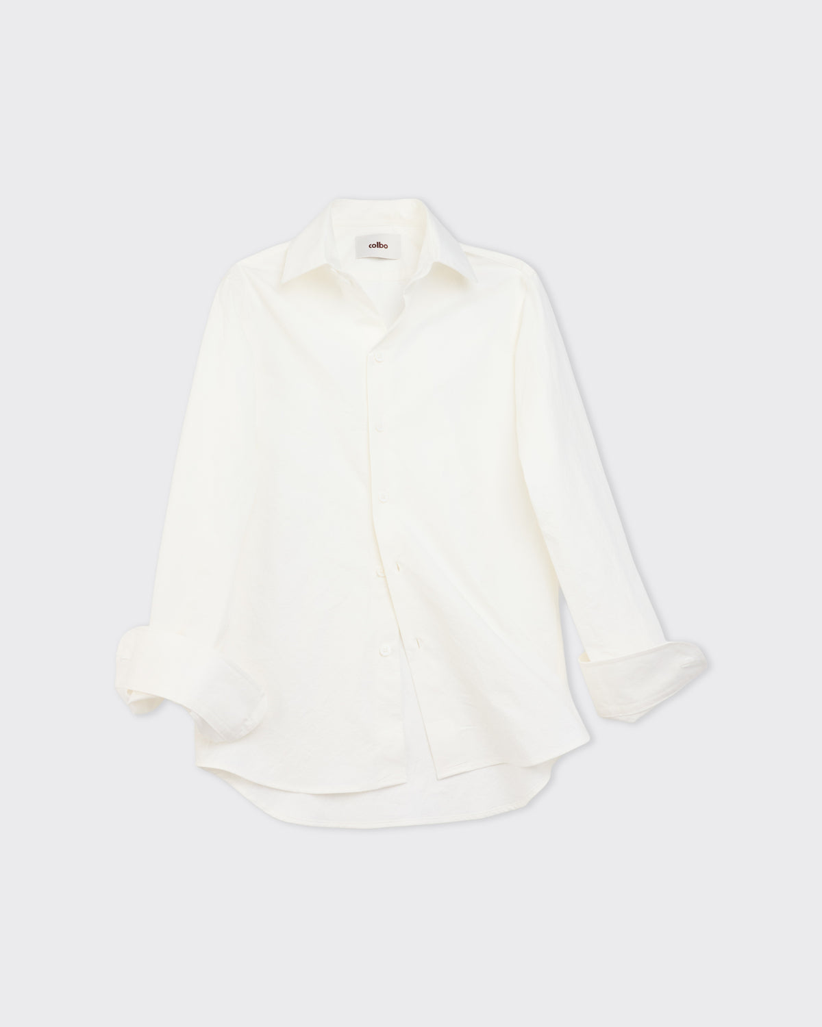 Colbo Bat Shirt in white Japanese cotton, front, sleeves rolled, flat lay