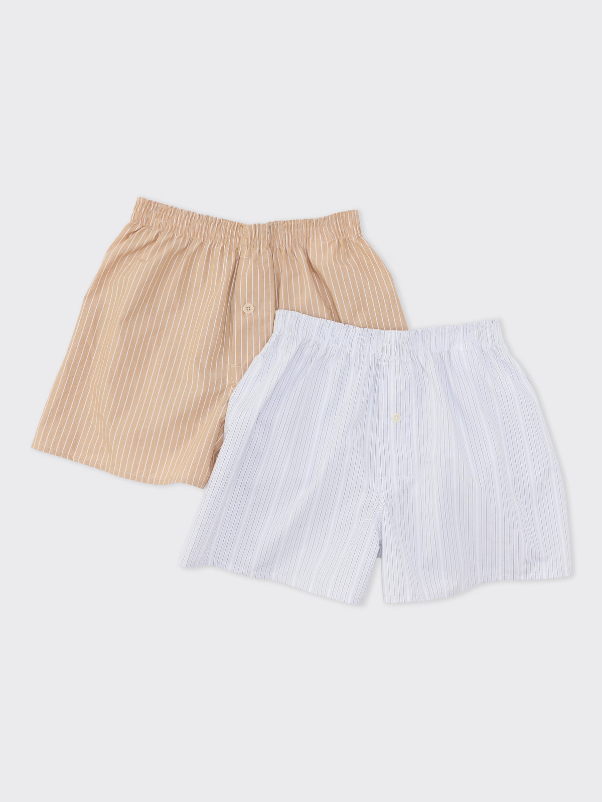 Colbo Boxer Set in Korean cotton pinstripe, both boxers, blue and camel, flat lay
