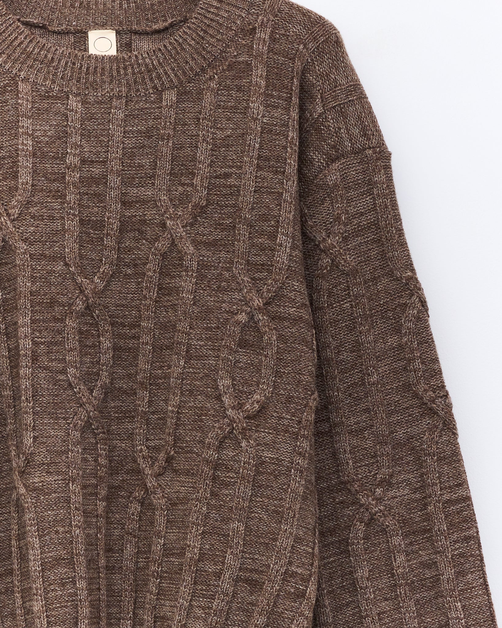 Undyed Natural Wool Cable Crew Neck, Dark Mix