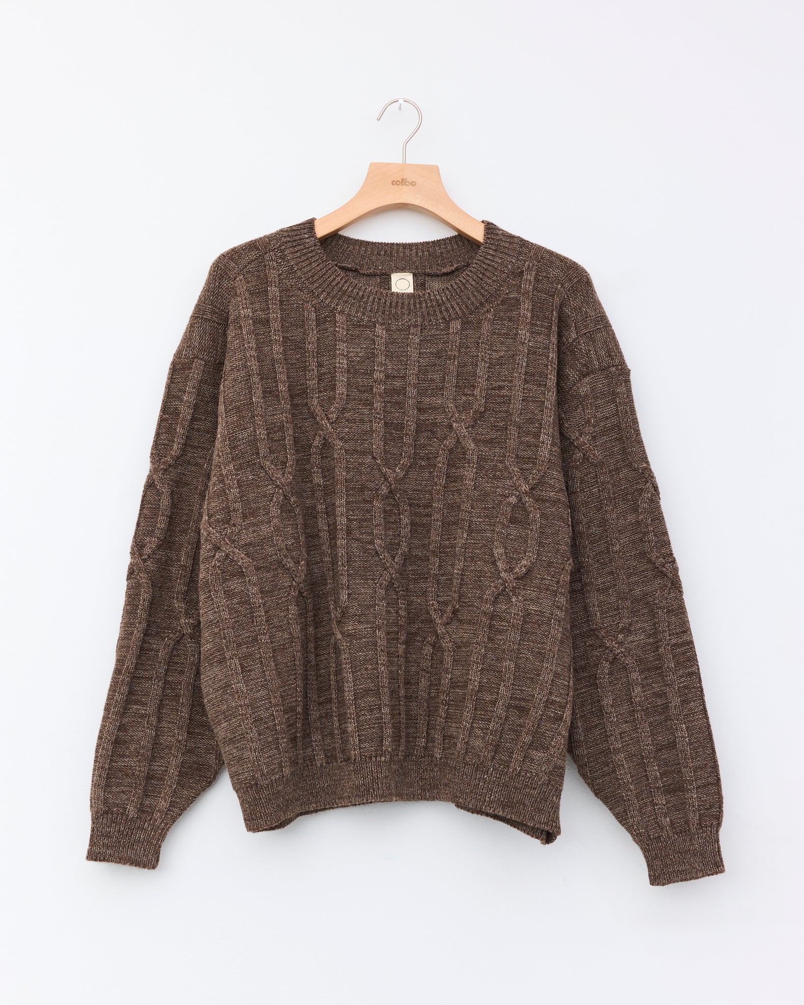 Undyed Natural Wool Cable Crew Neck, Dark Mix