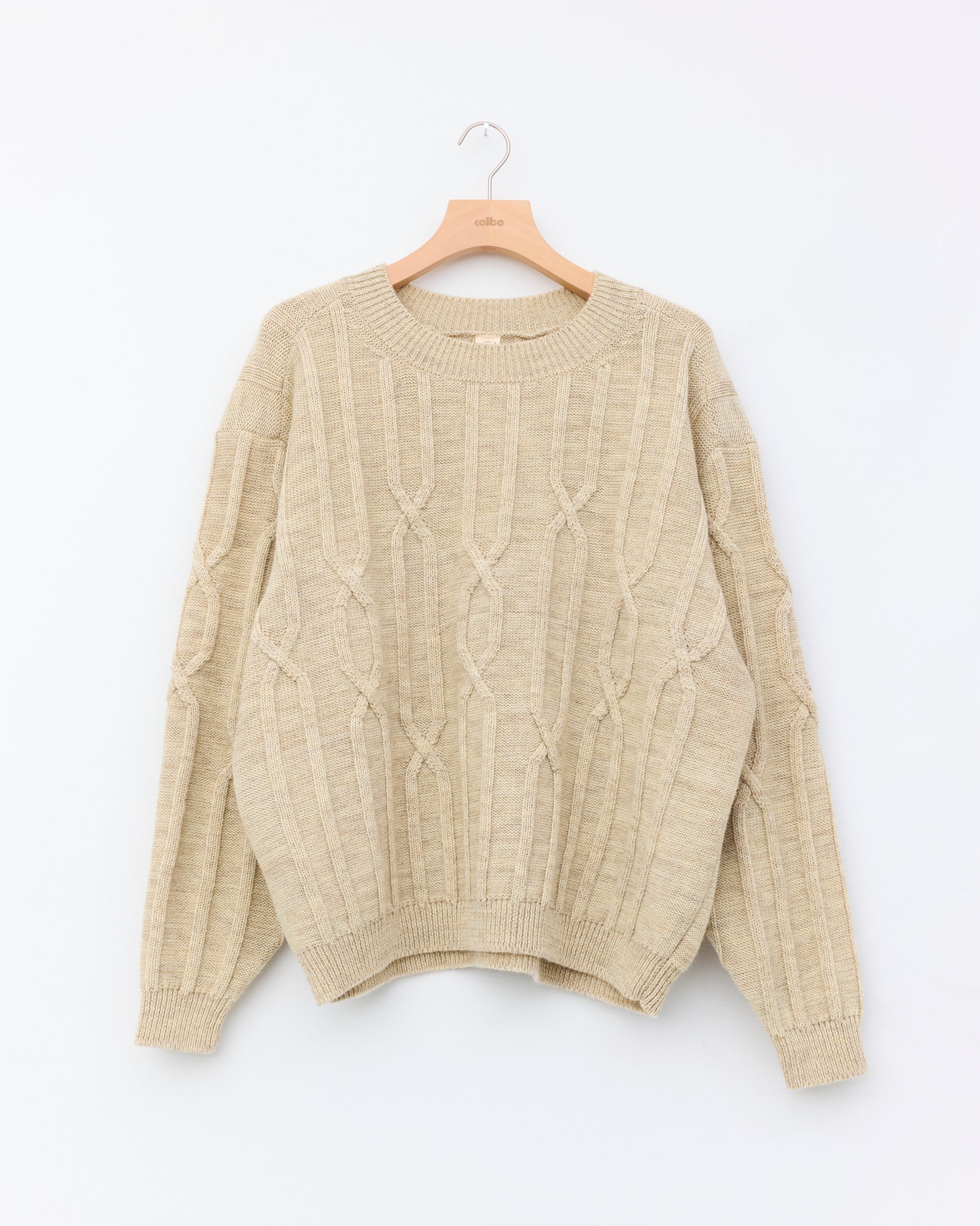 Undyed Natural Wool Cable Crew Neck, Natural Mix