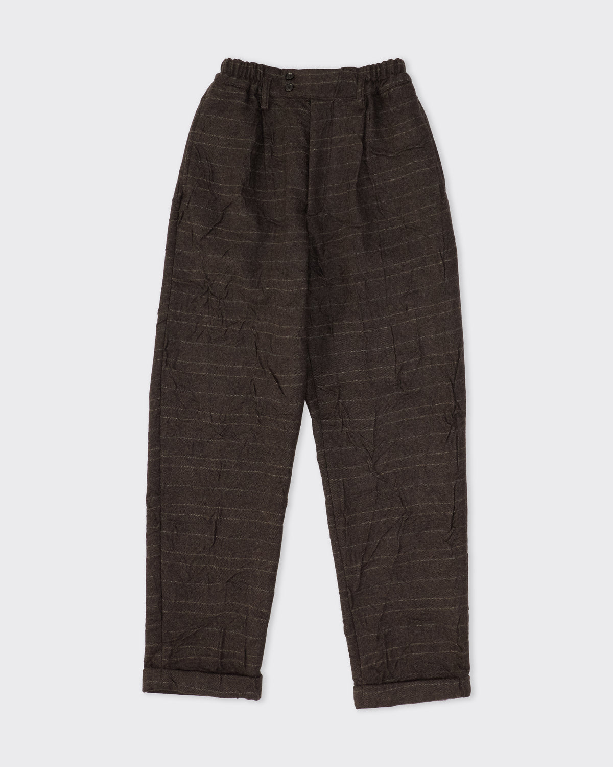 Colbo Camp Pants in striped crinkled wool, front, flat lay