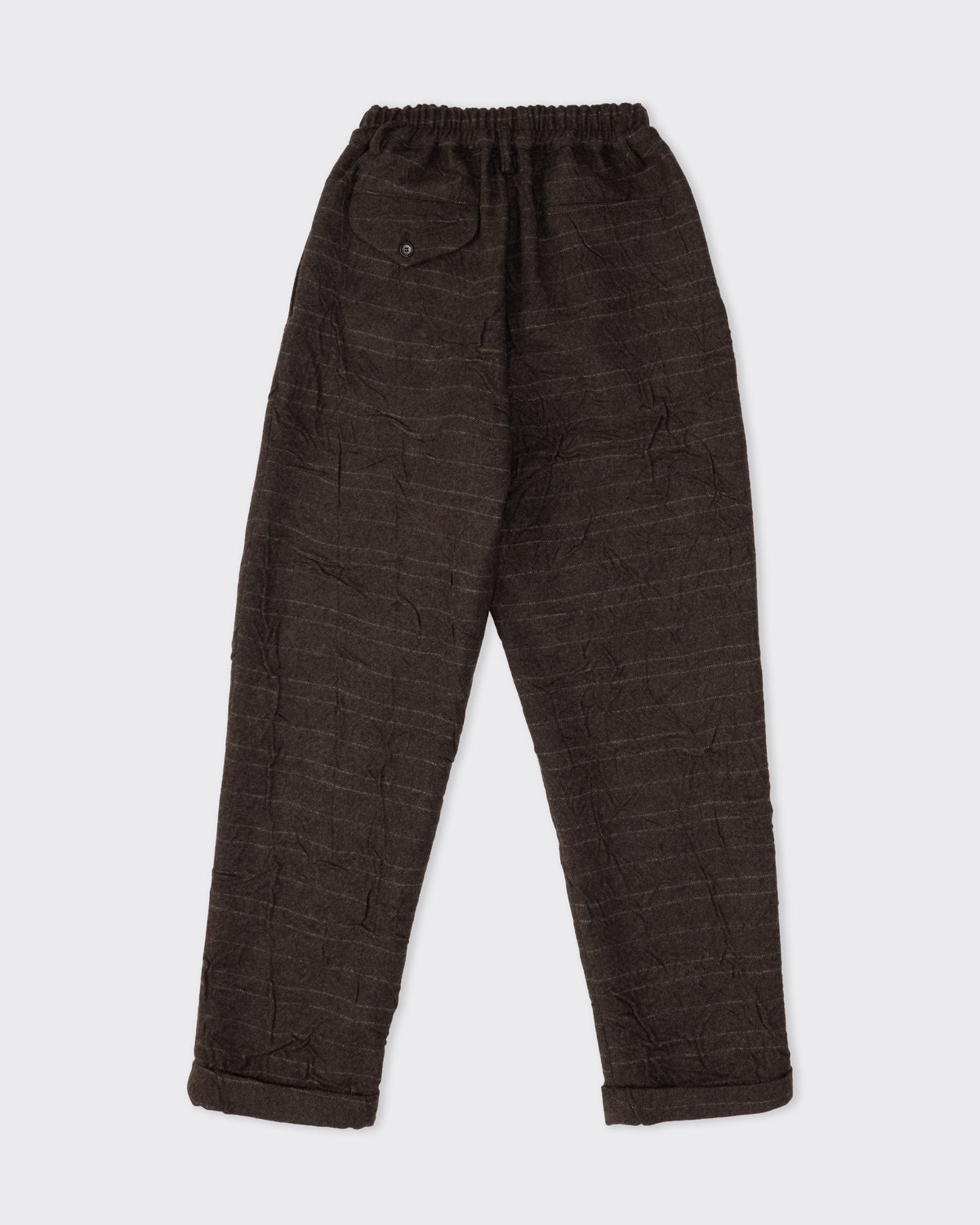 Colbo Camp Pants in striped crinkled wool, back, flat lay