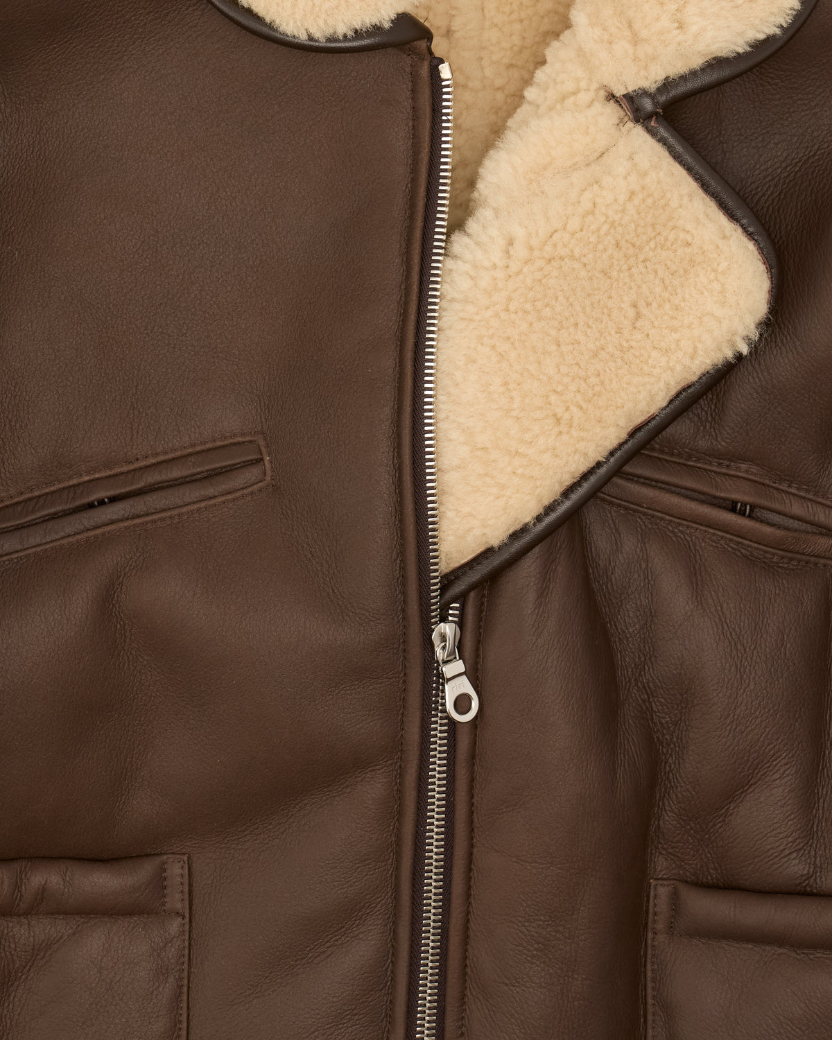 Cawley Leather Back Curly Hair Sheepskin Flying Jacket in chocolate and cream, zip, pocket and shearling collar close-up