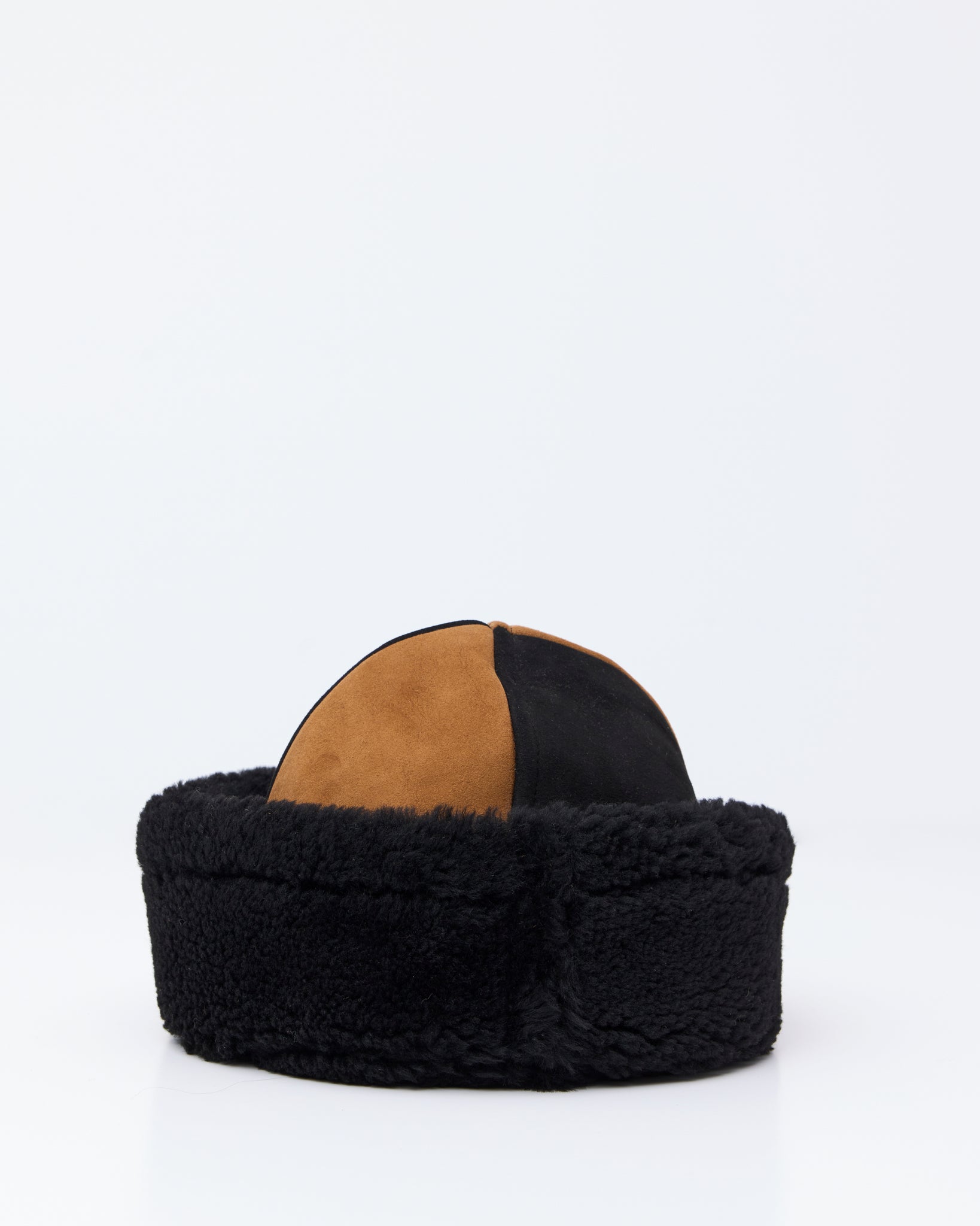 Suede Back Curly Sheepskin Panel Cap, Tan/Black