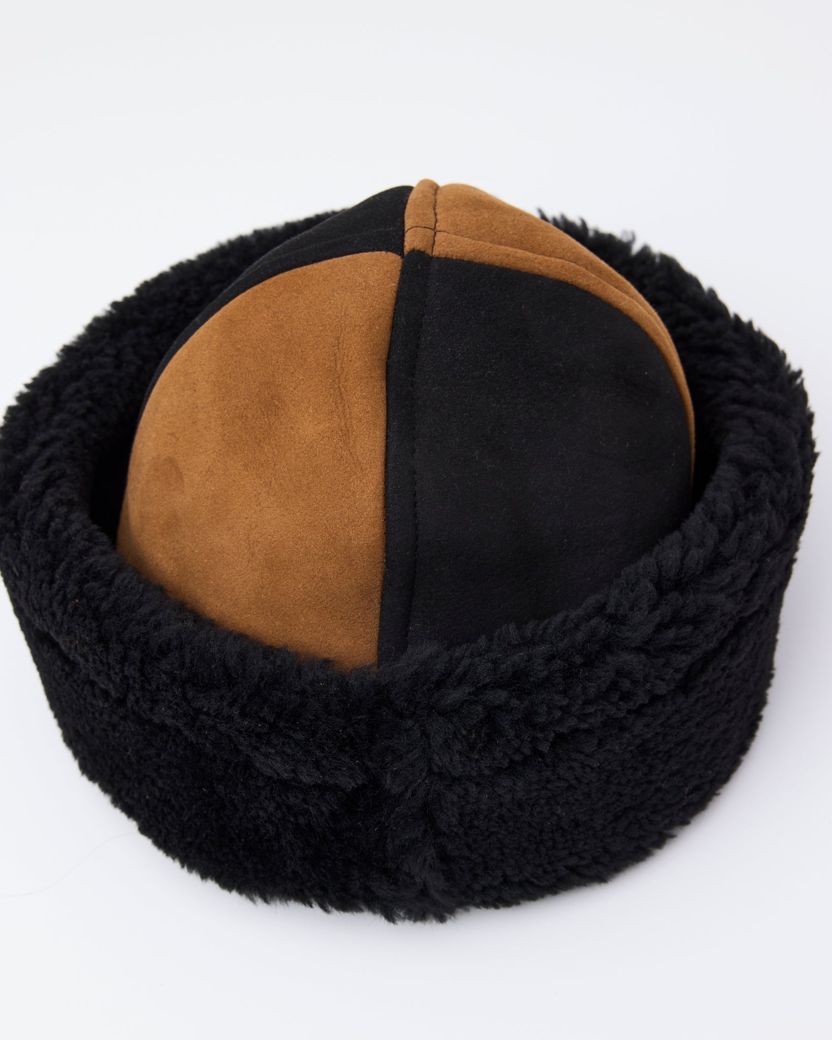 Suede Back Curly Sheepskin Panel Cap, Tan/Black