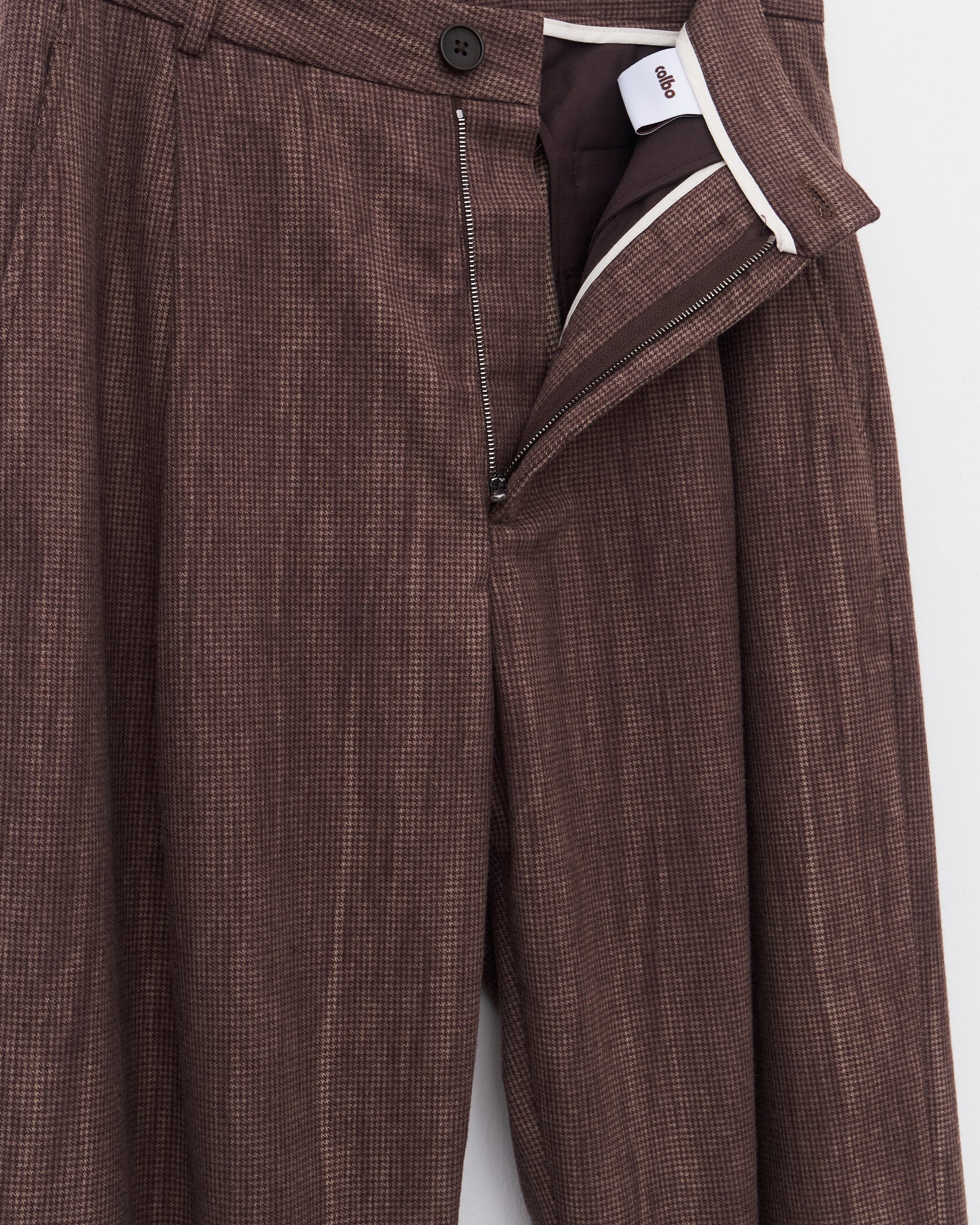 Single Pleat Pants, Washed Brown Houndstooth