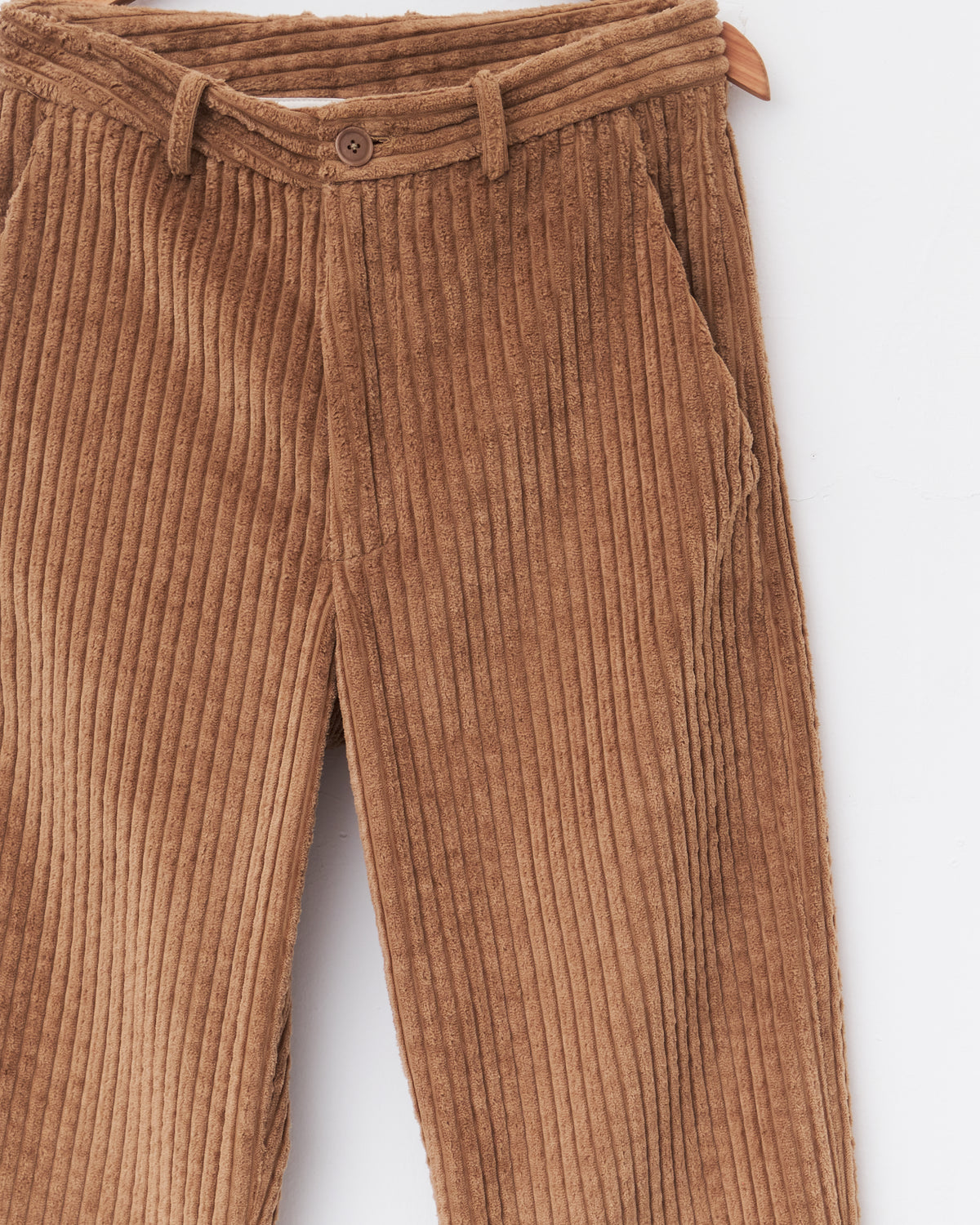 Colbo Wide Cord Chinos in dark tan wide-wale corduroy, wide-wale corduroy waistband and pocket close-up