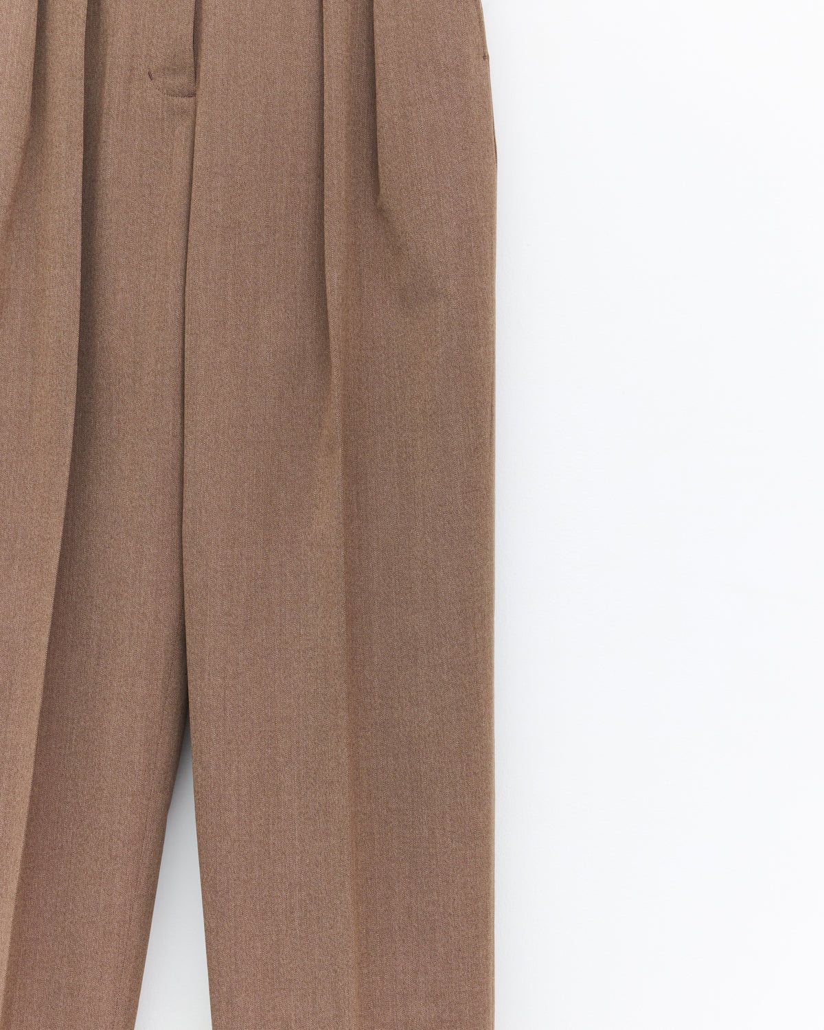 Ernie Palo Wool Pleated Pants in brown, front pleats and fabric close-up