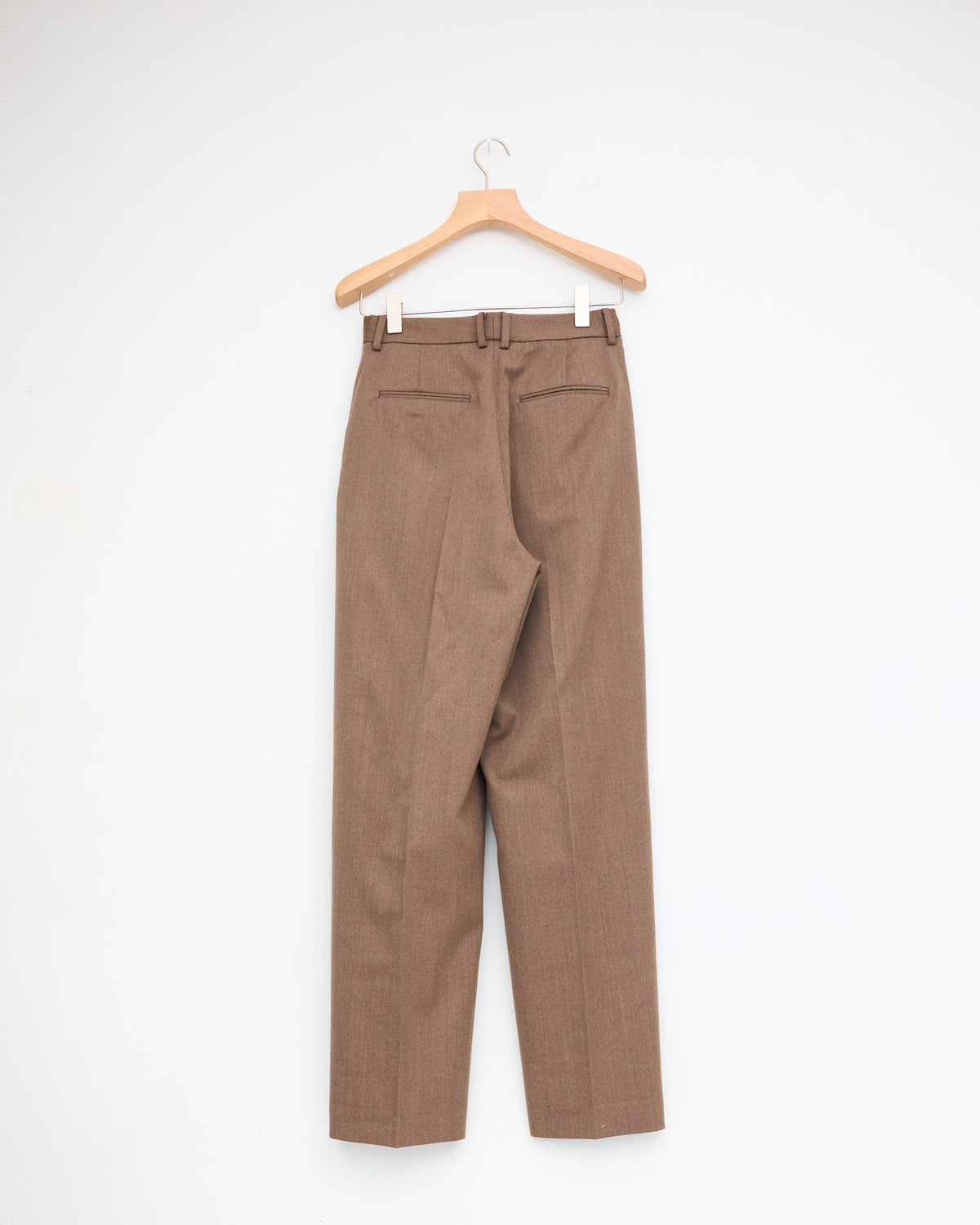 Ernie Palo Wool Pleated Pants in brown, back, on hanger
