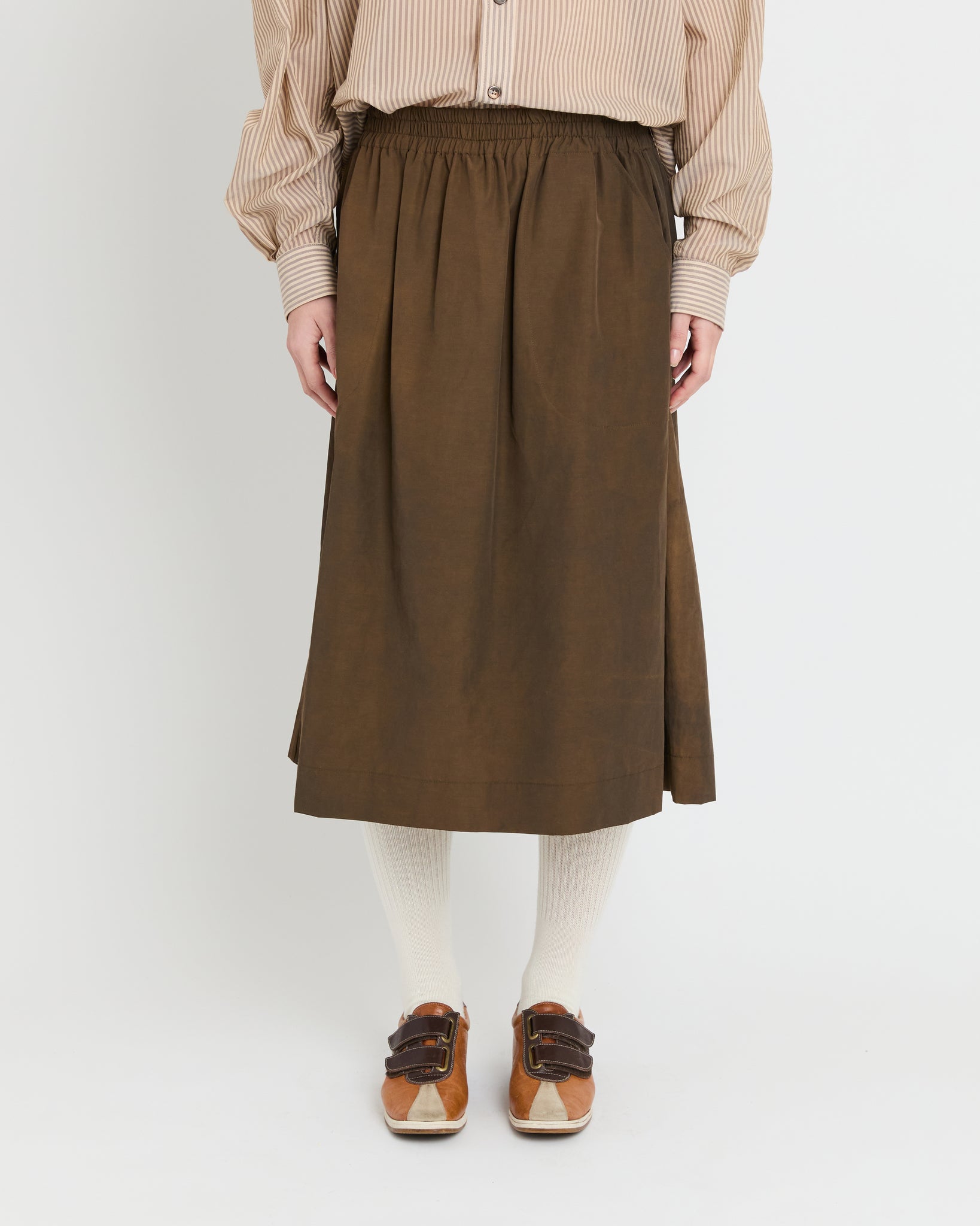 Elastic Waist Skirt, Wash Dark Brown