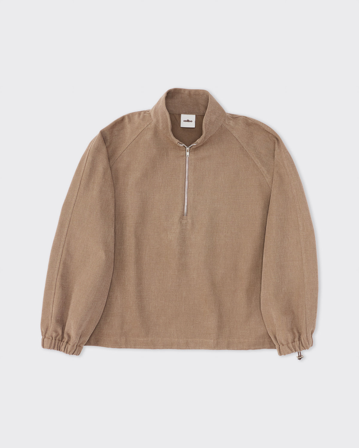 Colbo Half Zip in brushed brown cotton canvas, front, flat lay